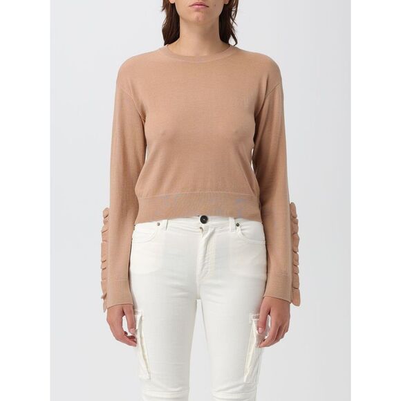 PINKO Beige Logo Long Sleeve Cropped Pullover Sweater
